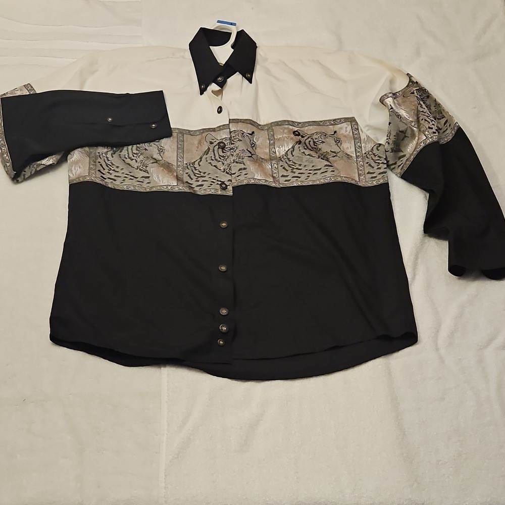 Buffalo Country Western Button-Up Shirt Tiger Embroidered Black M Long Sleeve M…